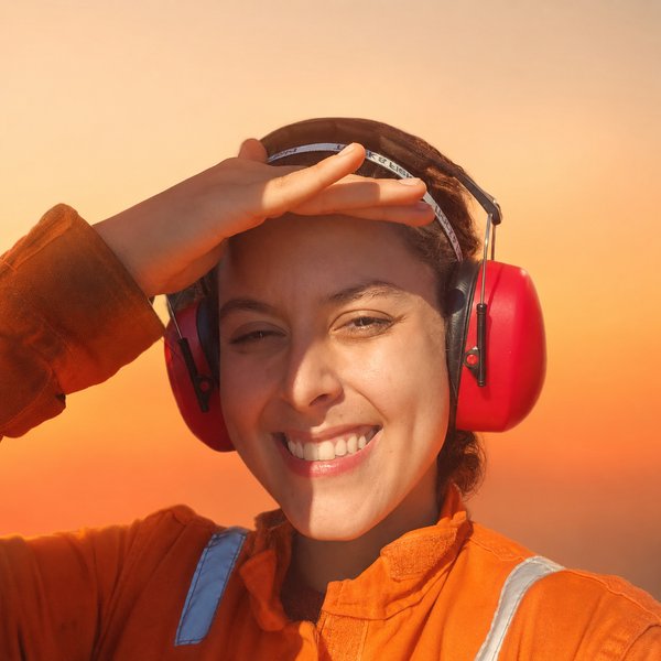 Heloísa, fundadora da Maré de Amigas, sorrindo de uniforme da Marinha Mercante ao pôr do sol